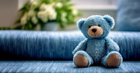 Cute light blue teddy bear with copy space, toy for children,baby space for text soft colorsの素材