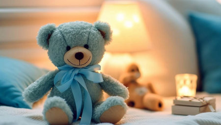 Cute light blue teddy bear with copy space, toy for children,baby space for text soft colorsの素材