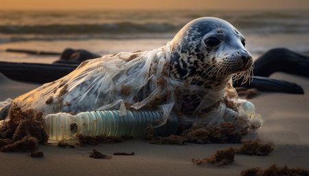 A Gray Seal stranded at a Beach, tragically caught in a section of fishing net surrounded with plastic pollution, an upsetting sad nature wildlife wordwide problem environmentの素材