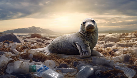 A Gray Seal stranded at a Beach, tragically caught in a section of fishing net surrounded with plastic pollution, an upsetting sad nature wildlife wordwide problem environmentの素材