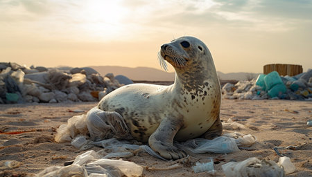 A Gray Seal stranded at a Beach, tragically caught in a section of fishing net surrounded with plastic pollution, an upsetting sad nature wildlife wordwide problem environmentの素材
