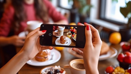 Food bloggers taking photos for their food blog using mobile phones. Women bloggers shooting photos of fruit bowl and smoothie jar placed along with a DSLR camera for an article on food blog. smartphoneの素材
