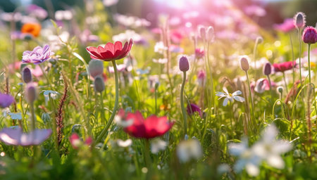 A beautiful spring flower field summer meadow. Natural colorful landscape with many wild flowers of daisies against blue sky. A frame with soft selective focus. Magical nature background blossomの素材