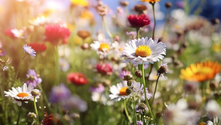 A beautiful spring flower field summer meadow. Natural colorful landscape with many wild flowers of daisies against blue sky. A frame with soft selective focus. Magical nature background blossomの素材