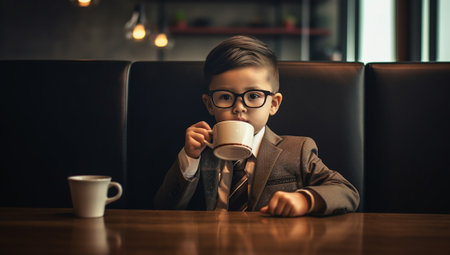Cute little businessman in business suit working in office. calculates money. Money and savings. Finances, childhood and people. Boy wears suit and tie. Schoolboy sitting at the table. Boy with calculator accounts money. Future education funny business concept wrokaholicの素材