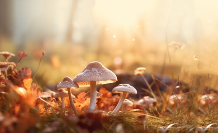 beautiful closeup of forest mushrooms in grass, autumn season. little fresh mushrooms, growing in Autumn Forest. mushrooms and leafs in forest. Mushroom picking concept. Magical colorful yellow fall background beautyの素材
