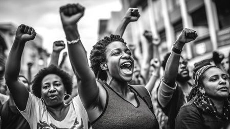 Black lives matter activist movement protesting against racism and fighting for equality - Demonstrators from different cultures and race protest on street for justice and equal rights equalityの素材