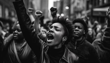 Black lives matter activist movement protesting against racism and fighting for equality - Demonstrators from different cultures and race protest on street for justice and equal rights equalityの素材