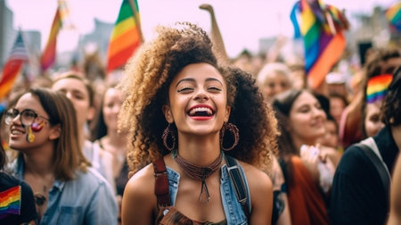 Crowd raising and holding rainbow flags during gay pride. Multiracial gay people having fun at pride parade Concept of lgbt,lgbtq and homosexual or transexual love proud LGBTQ community beautiful portraitの素材