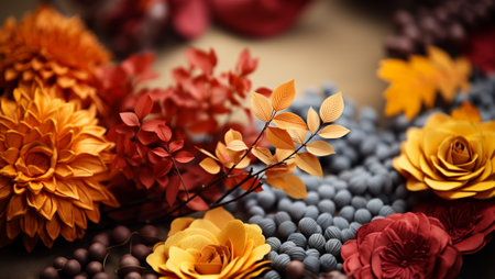 Colorful autumn plants background, brown,yellow orange fall colored with blurred background. Trees Leaves in vintage color with copy space beautyの素材