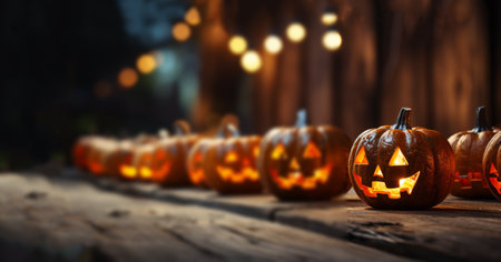Halloween carved pumpkin head jack lantern with burning candles and colorful bokeh background, Jack O lanterns in spooky room on wooden shelf copy space scaryの素材