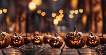 Halloween carved pumpkin head jack lantern with burning candles and colorful bokeh background, Jack O lanterns in spooky room on wooden shelf copy space scaryの素材