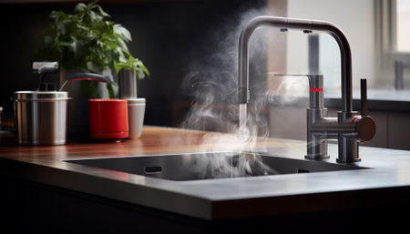 Quooker boiling water tap in kitchen modern design. Bright interior stylish home with boiling watering system tapの素材