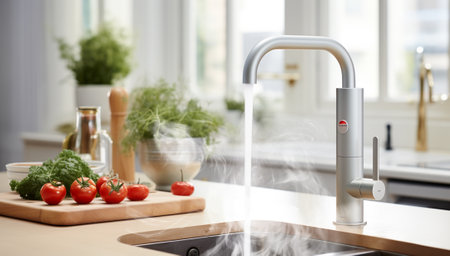 Quooker boiling water tap in kitchen modern design. Bright interior stylish home with boiling watering system tapの素材
