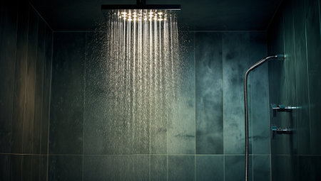 Rainshower modern design.Water flowing from shower, close up. Modern bathroom interior. Chrome shower head with splashing water. Contemporary shower head. Shower in bathroom with water drops flowing. classyの素材