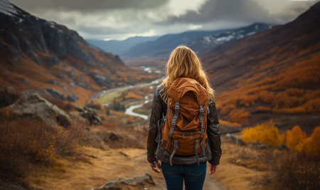 Hipster young girl with backpack enjoying sunset on peak of mountain. Tourist traveler on background view mockup. Hiker looking sunlight in trip, mock up text. Woman traveling hiking the world copy space back viewの素材