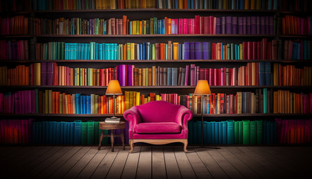 Colorful Beautiful library architecture with giant bookshelves, epic interior luxury design for architecture lovers. Photo realistic, concept art, cinematic light, illustration copy spaceの素材