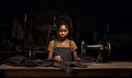 Child labor, Little dark skinned child working in sewing factory with sewing machine, poverty of children textile industry in 3rd world countries poorの素材