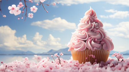 Cupcake with magical decoration. Pastel rainbow unicorn concept birthday cupcake with pink background copy space. Festive delicious sugar cake fantasy copy spaceの素材