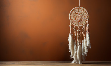 Dreamcatcher with white plumage on concrete wall with copy space. Interior decoration. Native American Dream Catcher stylish design bohemian space for textの素材