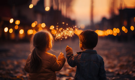 Children with fireworks stick. Holiday dynamic postcard. Happy children holding a lighted fireworks on a blurred background of a bright Christmas garland. Meeting the new year. Christmas evening Happy New Year concept copy spaceの素材