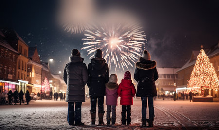 New Year holidays. Happy family, parents and daughters children girls are watching fireworks. on snowy winter walk in nature. Holidays winter season. back view Happy New Yearの素材