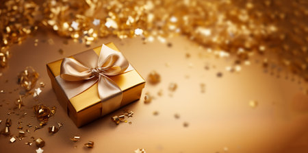 Golden sparkling gitbox with beautiful bow. Celebrating Christmas or New Years other holiday concept. Flat lay, top view copy space bokeh sparkling festive background space for textの素材