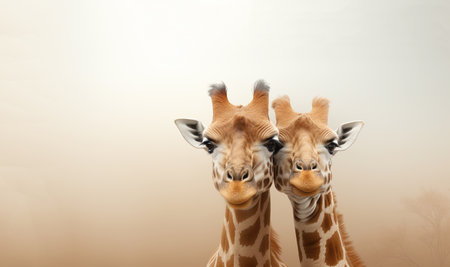 Two Giraffes embracing in Africa with copy space. doing necking parade in South Africa Specie Giraffa camelopardalis family of Giraffidae in colorful sky space for textの素材