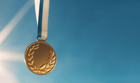 Gold medal hanging in the blue sky, winner against blue sky background copy space,sports,winning,achievement,game,sports business,success concept space for textの素材