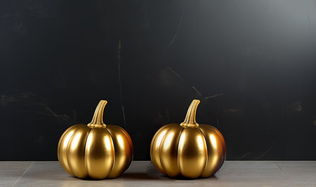 Golden luxury pumpkin on dark background with copy space,Halloween,Autumn concept,Stylish trendy decorative concept design space for textの素材