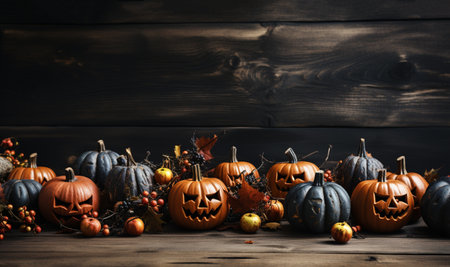 Halloween decor on wooden background. Scary Jack o lantern Pumpkins and Halloween Autumn decoration with copy space space for textの素材