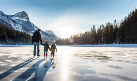 Father holding hands of Son and practicing ice skating on winter lake. Beautiful snowy landscape. Father and children on ice copy space space for textの素材