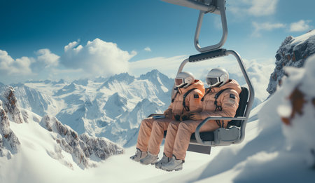 Close-up of couple man and woman snowboarders on a cable ski lift in the morning enjoying a beautiful view of a white snow landscape, active sport seasonal concept. Holiday and skier concept.riding on a ski lift travelの素材