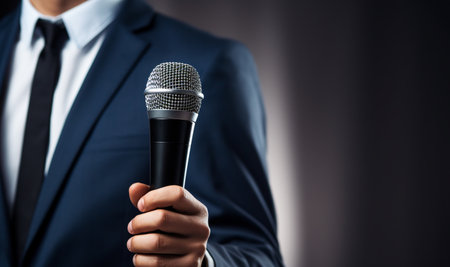 Host of event in suit holding microphone during performance while standing isolated on dark background, actor,singer journalist space for textの素材