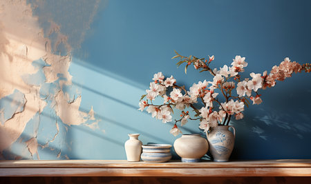 mediterranean design blue wall with flowers in vase on wooden shelf in mediterranean old town vintage design copy space space for textの素材