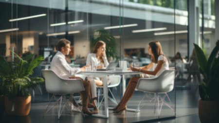 Diverse millennial business team talking in meeting room, negotiating on project at table at glass wall panoramic window, discussing deal in open space, modern office interior. blurred background modern office,business concept workplaceの素材