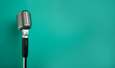 Professional microphone with blurred background and copy space, Podcast or recording studio background, professional space for textの素材