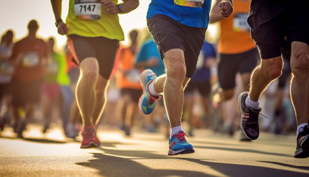 People running a marathon.Running crowd at the marathon. Many runners passing the start or finish line.focus on feet. Race,sports,health concept background activeの素材