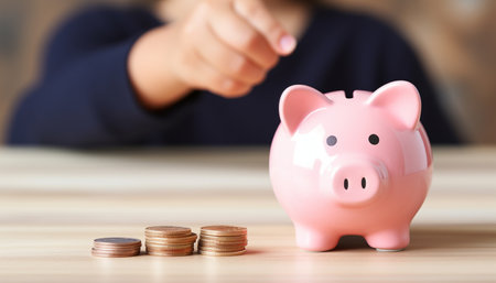 Little girl saving money in a piggy bank, learning about saving, Kid save money for future education. Money, finances, insurance, and people concept copy space space for textの素材