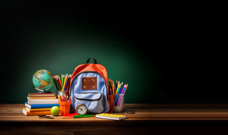 Back to school background with books and apple over blackboard. School bag and stuff on cork blackboard background with copy space, study education concept copy space space for textの素材