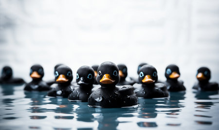 black Rubber duck. Funny kids inflatable toy by bathtub with copy space, bathroom decoration concept space for textの素材