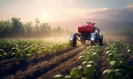 robot at work achriculture field, smart robotic farmers in agriculture futuristic robot automation to work to spray chemical fertilizer or increase efficiency copy spaceの素材