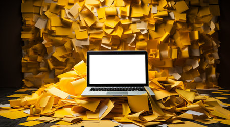 Room filled with pile of reminder sticky notes with laptop.Laptop isolated with white display in reminders of yellow stickers on table Many unfulfilled tasks, deadline,study,business concept copy space space for textの素材