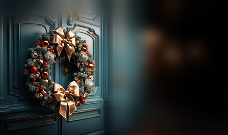 Christmas wreath.New Year and Christmas decor. Ornament a wreath from branches ate with cones, lights of a garland and gold spheres. Traditional Christmas decoration for interior and exterior. copyspaceの素材