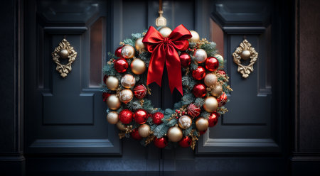 Christmas wreath.New Year and Christmas decor. Ornament a wreath from branches ate with cones, lights of a garland and gold spheres. Traditional Christmas decoration for interior and exterior. copyspaceの素材
