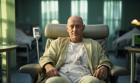 Portrait of a Man undergoing course of chemotherapy in clinic. Sick bold man in hospital.Prostate cancer awareness concept strength and hopeの素材