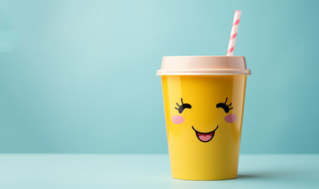 eco living, zero waste and sustainability concept - Colorful reusable drinking cup with straw and happy face smiley on pastel colors. copy space space for textの素材