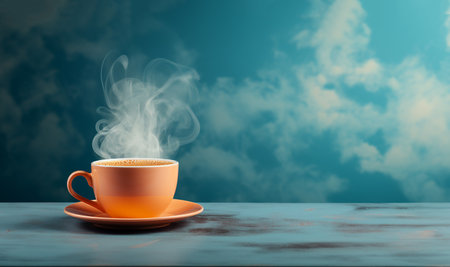 Steaming cup of hot coffee against pastel blue background. Bright retro colors with copy space. Delicious fresh coffee with smoke in yellow mug. Cup of coffee in the morning concept. Minimalism space for textの素材