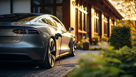 EV charging station for electric car in concept of green energy and eco power produced from sustainable source to supply to charger station in order to reduce CO2 emission .power cable pump charging. Electric car vehicle EV car modern technology. alternative sustainable eco energy powerの素材