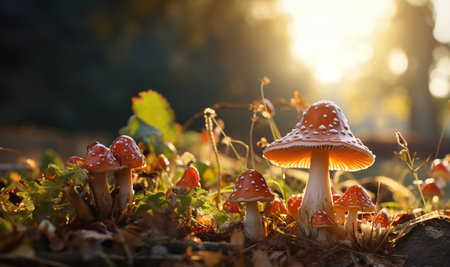 beautiful closeup of forest mushrooms in grass, autumn season. little fresh mushrooms, growing in Autumn Forest. mushrooms and leaves in forest. Mushroom picking concept. Magical soft focus image of a vibrant red mushroom that appears to be glowing in the midst of a natural setting copy spaceの素材